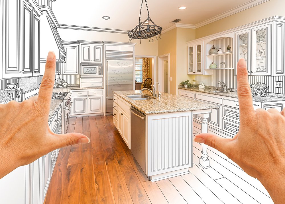 Kitchen design concept sketched over the real space