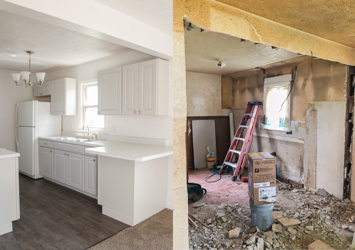 Home renovation in progress - dated kitchen beside a stripped-back teardown