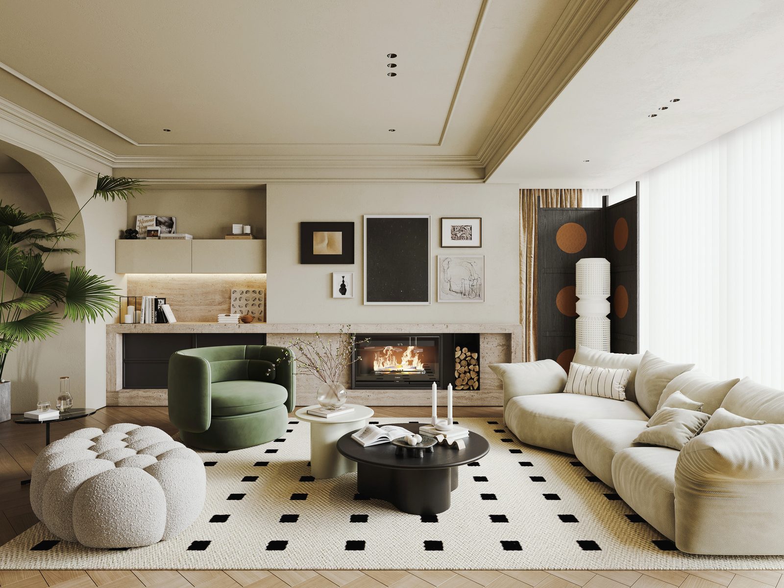 Warm neutral staged living room with green accent armchair and cream sofa
